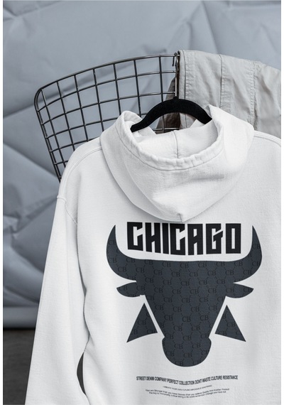 Macklin Unisex Kadın Erkek Chcago Bulls Ön Arka Baskılı Özel Tasarım Baskılı Kapşonlu Sweatshirt Beyaz Mck1537 Beyaz