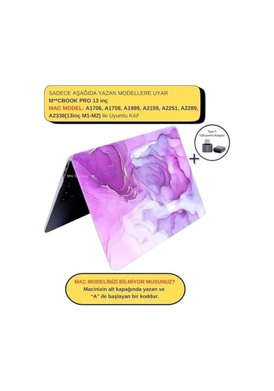 Macbook Pro 13 Mermer Desenli Kılıf A1706 A1708 A1989 A2159 A2251 A2289 A2338 M1 M2 Uyumlu Baskılı Kristal Sert Kılıf Koruyucu Kapak Açık Lila