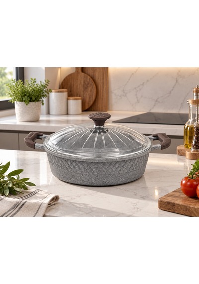 Oms Collection - Biogranit Ağır Döküm 30x8 Cm - 5,30 Litre Basık Tencere 3632 - Gri
