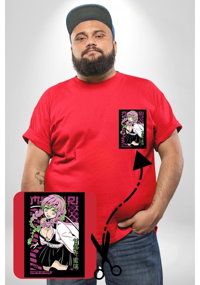 Angemiel Anime Demon Slayer Kimetsu No Yaiba Mitsuri Kanroji Kırmızı Büyük Beden Kadın Basic Minimal Baskılı Tişört Kırmızı