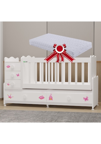 Garaj Home Melina Mdf Çıtalı Beşik + Yatak - Prenses Beyaz