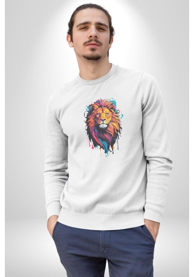 Renkli Yağlı Boya Aslan Unisex Beyaz Baskılı Sweatshirt Beyaz