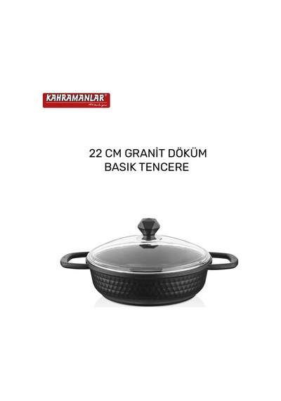 Motto 22 Cm Basık Tencere Granit Döküm Siyah
