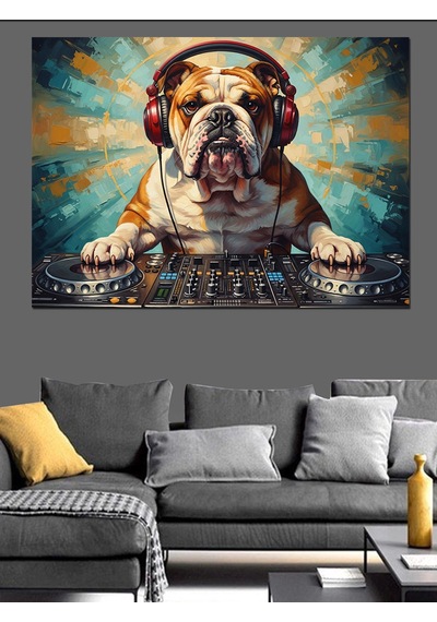 Dj Seti Başında Kulaklıklı Bulldog Dekoratif Kanvas - Mdf Ahşap Tablo