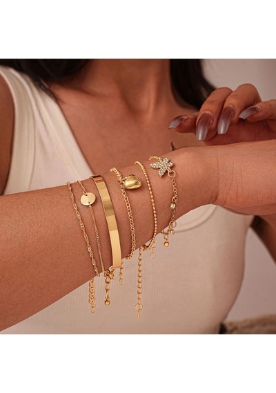 Girift Vintage Elva 6 Adet Zincir Kalp Detaylı Gold Bileklik Gold