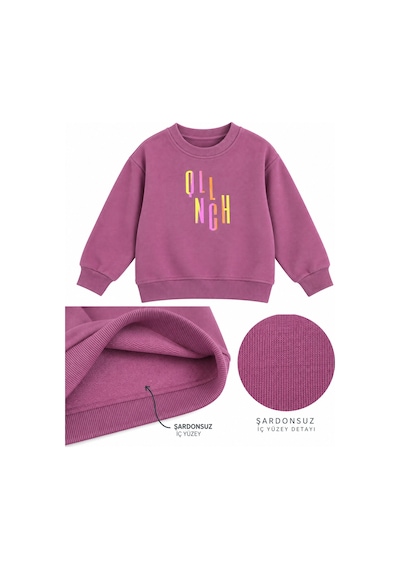 Luess Kız Çocuk Bisiklet Yaka Renkli Baskılı Sweatshirt Gül Kurusu