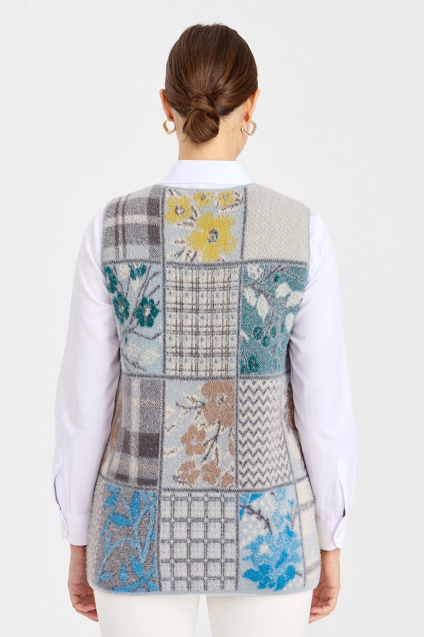 Desen Triko Kadın Sıfır Yaka Patchwork Yelek A.mavi A.mavi