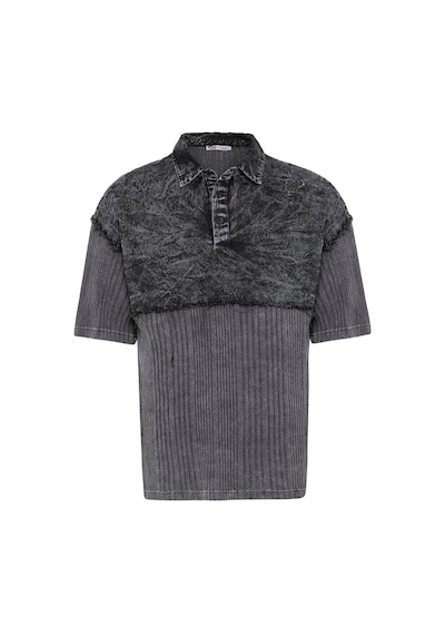 Vamos Yıkamalı Triko Oversize Polo Yaka Tişört V70-53 Siyah