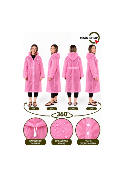 Mainshop Unisex Yağmurluk Kapüşonlu Çıtçıtlı Su Geçirmez Uzun Yağmurluk Kadın Erkek Pembe