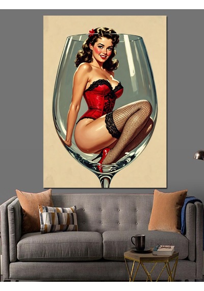 Şarap Kadehli Pin-up Kadın Dekoratif Kanvas - Mdf Ahşap Tablo