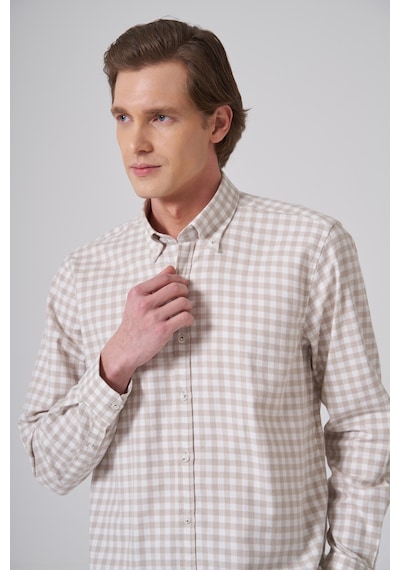 Morven Erkek Bej Pamuk Trend Kareli Regular Fit Düğmeli Yaka Gömlek 26ms004014653 Bej
