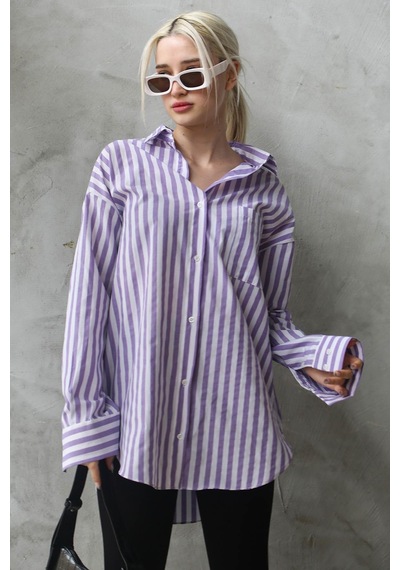 Madmext Mor Çizgili Oversize Kadın Gömlek Mg1688-mor Mor