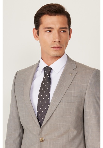 Altınyıldız Classıcs Erkek Bej Ekstra Slim Fit Dar Kesim Mono Yaka Desenli Takım Elbise