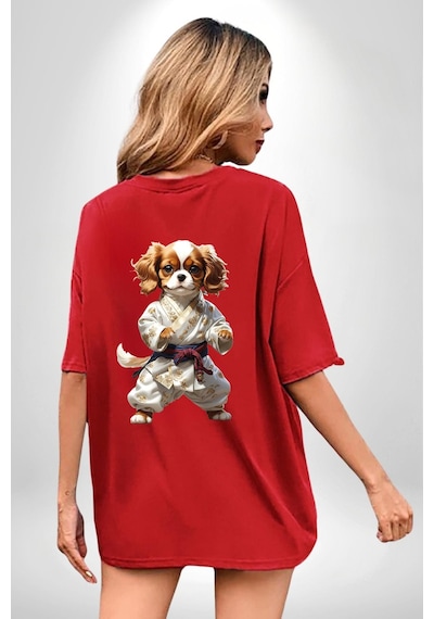 Cavailer King Charles Spaniel Karate Kırmızı Oversize Unisex Ön Ve Sırt Baskılı Tişört Kırmızı