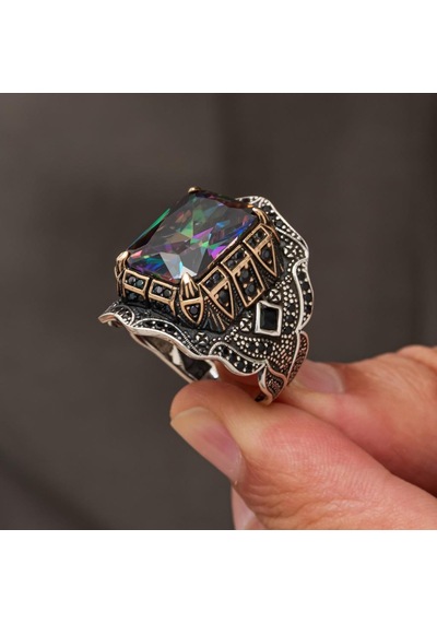 Mistik Topaz Taşlı 925 Gümüş Yüzük Erkek Beyaz