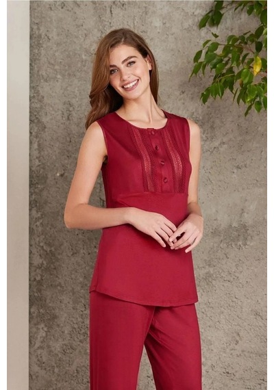 Pierre Cardin 2800 Kadın Bordo Dantelli Penye 3'lü Sabahlıklı Pijama Takım Bordo