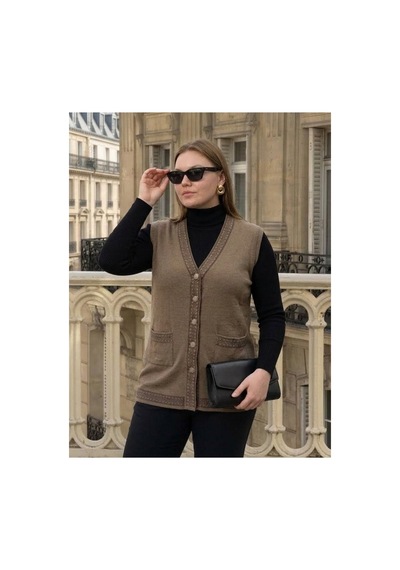 Onno Style Women Bantı Hasır Desenli Çelik Örgü Klasik Triko Yelek Bej