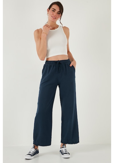 Lela Pamuklu Relaxed Fit Yüksek Bel Geniş Paça Bayan Pantolon 668Yp5275 Lacivert