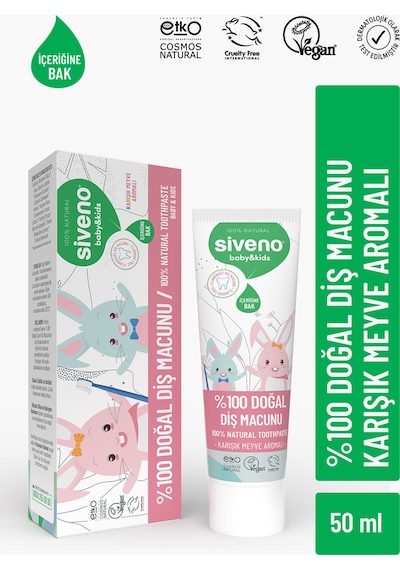 Siveno %100 Doğal Diş Macunu Bebek - Çocuk İçin Karışık Meyve Aromalı Florürsüz 50 ml