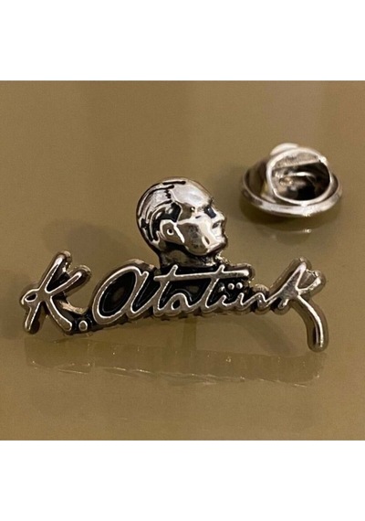 Atatürk Silüeti Ve İmzalı Yaka Rozet Gümüş 1 Adet Gri