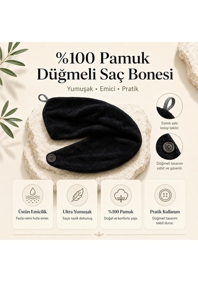 Taya Home%100 Pamuk Saç Kurutma Bonesi Düğmeli Havlu Saç Bonesi Hızlı Emici Banyo Duş Saç Havlusu