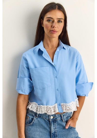 Shade Kadın Dantel Detaylı Poplin Crop Gömlek Dg261024 60286098 - Mavi