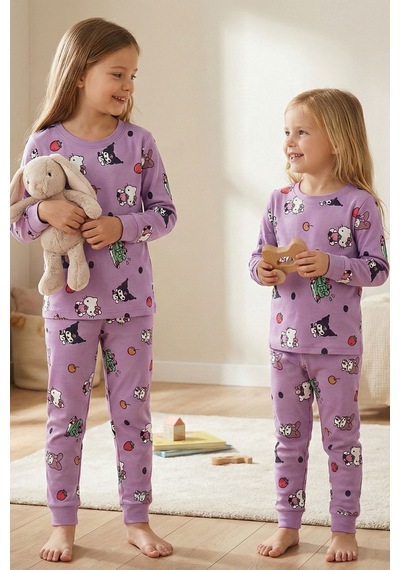 Cute Hello Kitty Ve Kuromi Desenli Kız Çocuk Pijama Takımı Lila