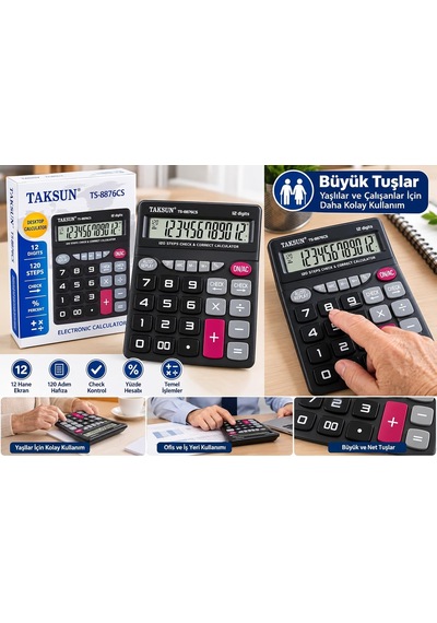 Hesap Makinesi, 12 Haneli, Büyük Lcd Ekranlı, Pil Destekli, Otomatik Kapanmalı, Masaüstü, Ofis, Muhasebe, Okul Hesap Makinesi Büyük Tuşlu Diğer