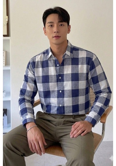 Erkek Ekose-kareli Gömlek Slim Fit Pamuk Karışımlı Klasik Tarz Uzun Kollu Gömlek Mavi