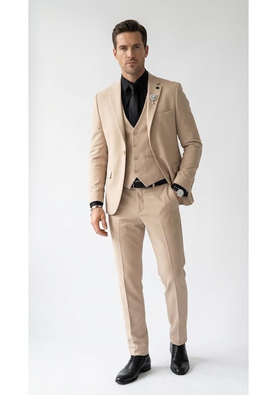 Erkek Klasik Slim Fit Armürlü Kumaş Tek Düğmeli Çift Yırtmaçlı Klasik Yaka Takım Elbise 7 Drop Bej