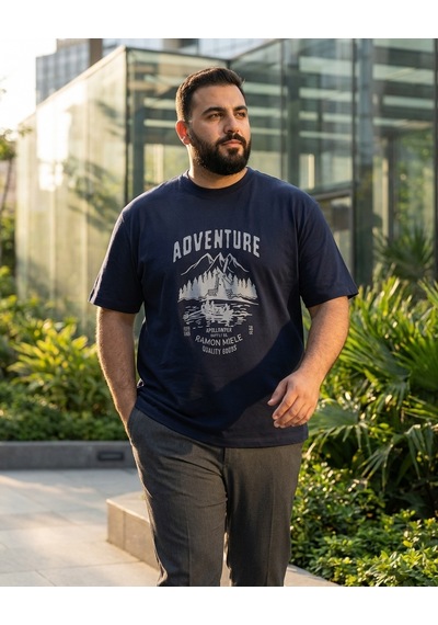 Büyük Beden Bisiklet Yaka Baskılı Erkek Tshirt Lacivert Büyük Beden Bisiklet Yaka Baskılı Erkek Tshirt Lacivert