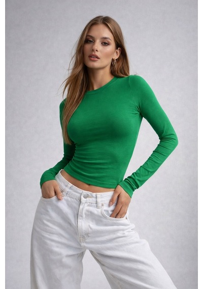 Wild Bee Kadın Yeşil Bisiklet Yaka Uzun Kollu Basic Bluz YEŞİL