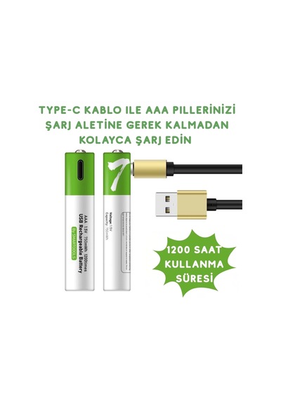Usb Type-c İle Şarjolabilen 4 Adet Aaa 1.5v Lityum Şarjlı Kalem Pil 750 Mah Uzun Ömürlü