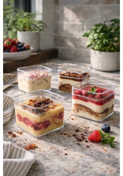 6 Adet Kapaklı Kare Tiramisu Cup 280 Cc Şeffaf Kapaklı Mika Plastik Kase Tatlı, Meze, Salata Sunum Kabı