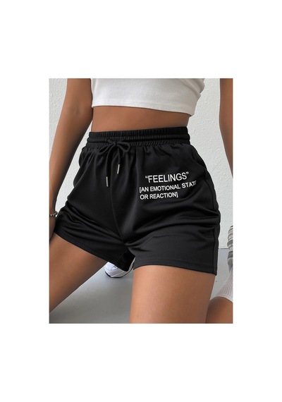 Tarzsokak Drawstring Waist Slogan Graphic Track Şort Siyah