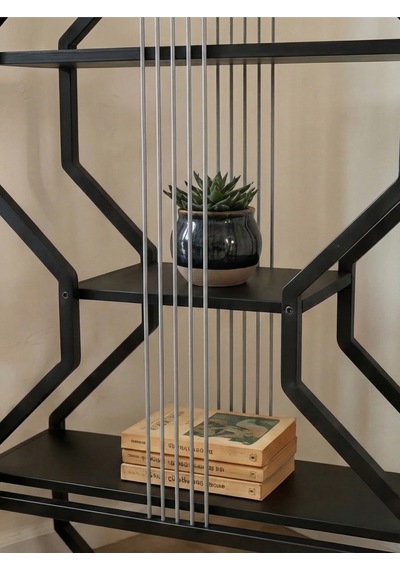 Gitar Ünite Metal Raflı Kitaplık Siyah Mdf