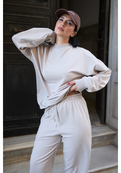 Mezka Regular Fit 2'li Takım Sweatshirt Beli Lastikli Jogger Eşofman Altı Bej