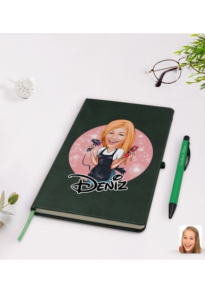 Kişiye Özel Kadın Kuaför Karikatürlü Yeşil Termo Deri Defter Kale N11.2954