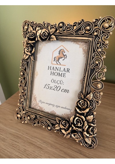 Gülşah 15x20 Cm Siyah Altın Varak Eskitme Vintage Çerçeve Barok Gül Kabartmalı Masaüstü Dekoratif Fotoğraf Çerçevesi