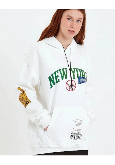 Genel Marka Baskılı Kapüşonlu Sweatshirt - Beyaz - Renkli