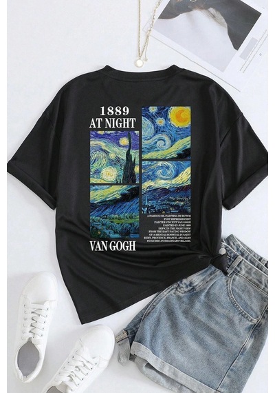 Startmore Unisex Van Gogh Baskılı Oversize Siyah