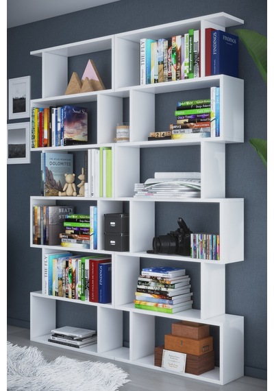 Dekorfim DF07103B 6 Raflı Çift Modül Zigzag Kitaplık Çalışma Odası Ofis Kitaplık