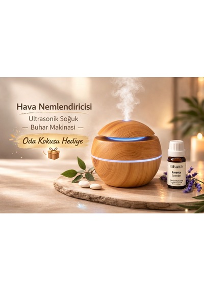 Küre Model Bambu Renk Hava Nemlendirici Ultrasonik Soğuk Buhar Makinesi, Led Işıklı Masaüstü Oda Kokusu Hediye