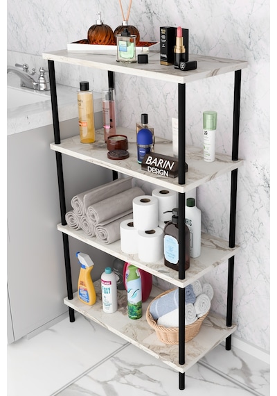 Çevir Kur Kolay Kurulum 4 Katlı Banyo Rafı Metal Gövdeli Çok Amaçlı Organizer Stand Banyo Dolabı Beyaz Mermer