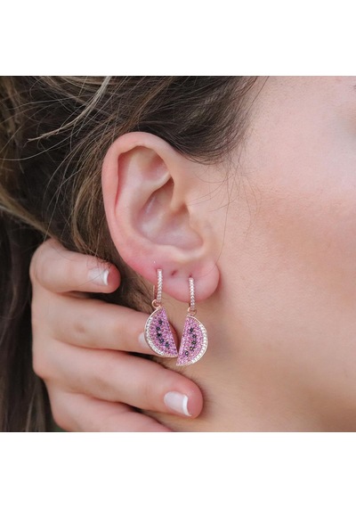 Zirkon Taşlı Rose Gold Kaplama Karpuz Gümüş Küpe Gümüş