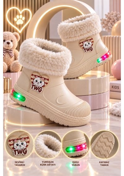 Muggo Muppy Işıklı Kürk Detaylı Unisex Çocuk Günlük Yağmur Ve Kar Botu Bej