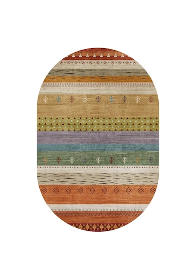 Etnik Kilim Desenli Pamuk Taban Yıkanabilir Baskılı Oval Halı Turuncu
