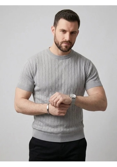 Oada Erkek Yazlık Triko Dokuma Tişört Kısa Kol Bisiklet Yaka Örgü Desenli T-shirt - Gri