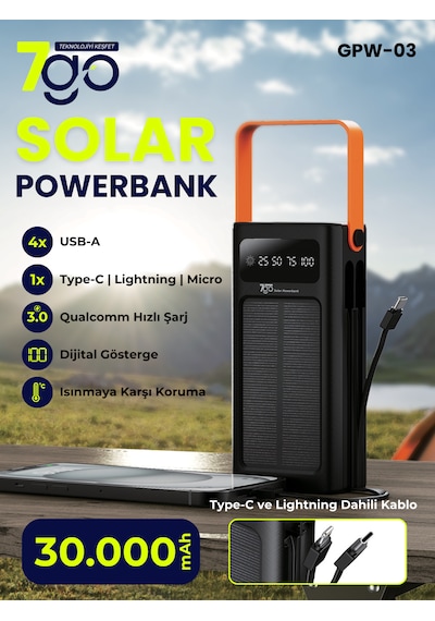 7go Gpw-03 30.000mah Solar Powerbank 4xusb-a, Qualcomm 3.0 Hızlı Şarj, Dahili Lightning & Usb-c Ka Siyah