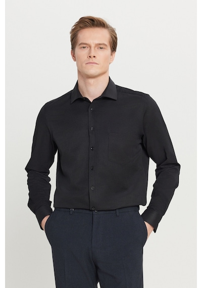 AC&Co / Altınyıldız Classics Erkek Sıyah Pamuklu Tailored Slim Fit Dar Kesim Klasik Yaka Armürlü Cepli Gömlek Siyah